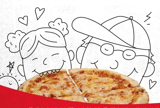 Photo of cheese pizza with playfully sketched adult and child eating it