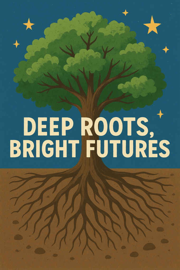 Deep Roots, Bright Futures text over illustration of a tree and it's deep roots below a starry sky