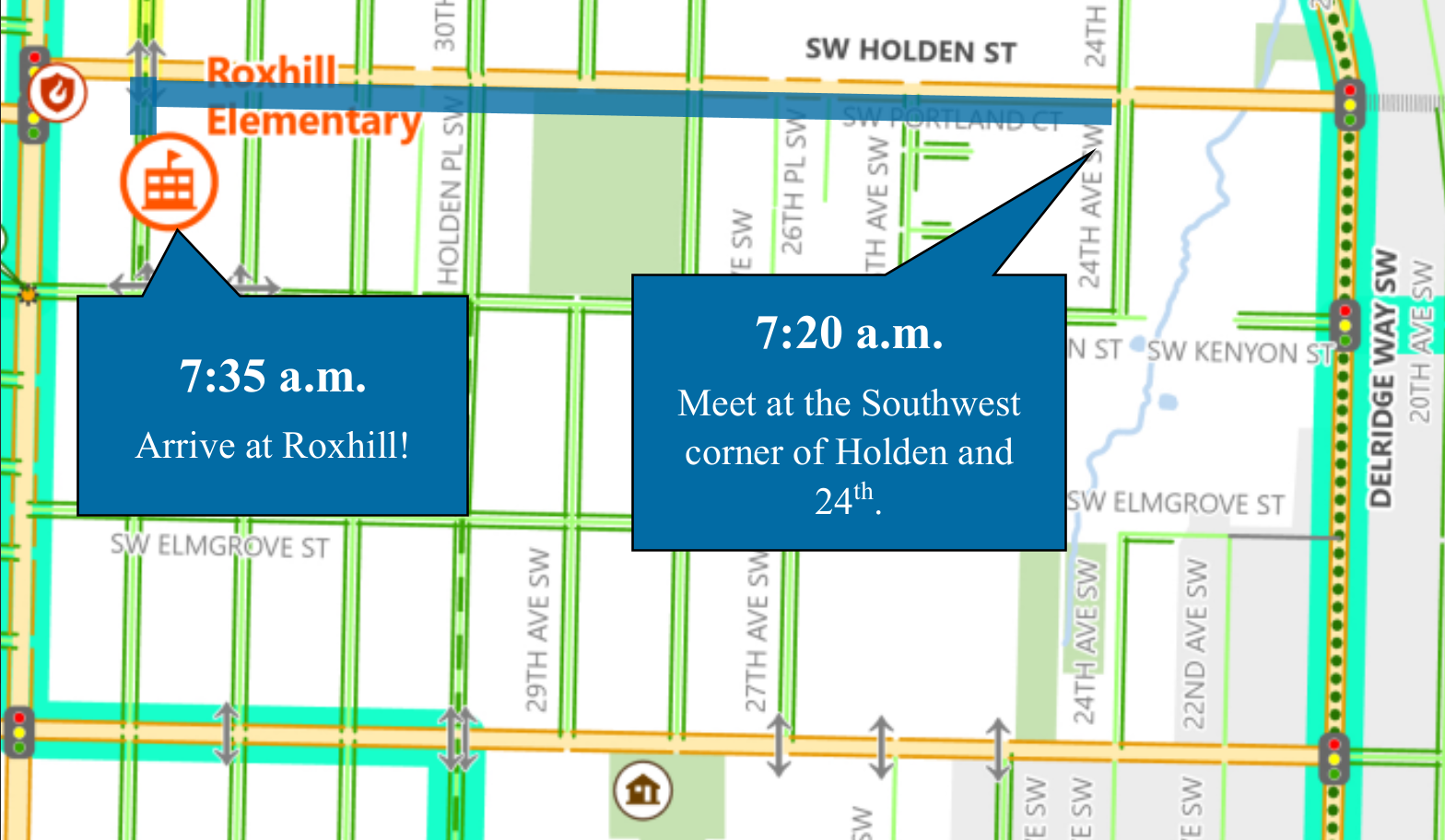 Route map of walking school bus from 24th Ave SW and Holden to Roxhill school